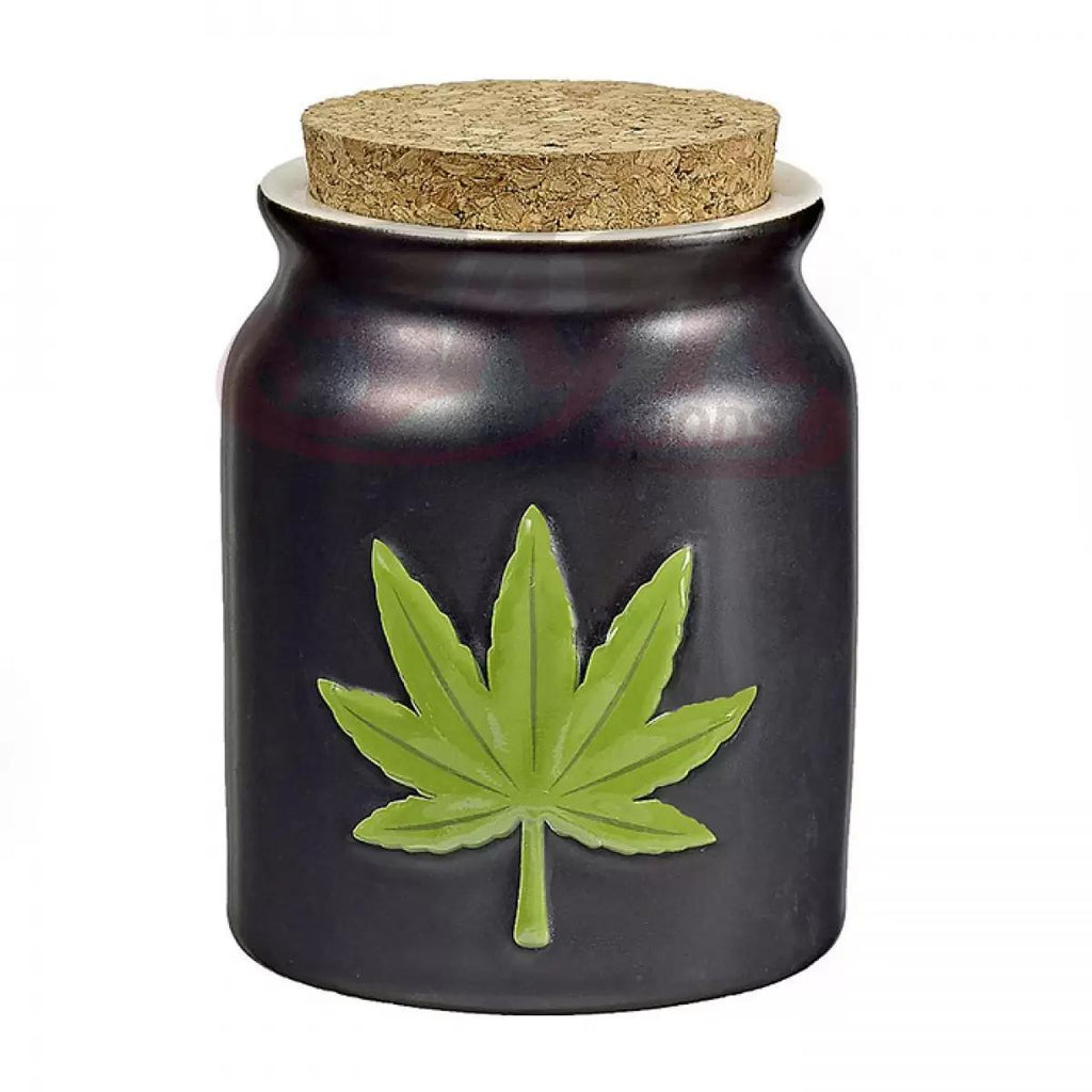 Black Stash Jar w/ Green Pot Leaf (7276548194460)
